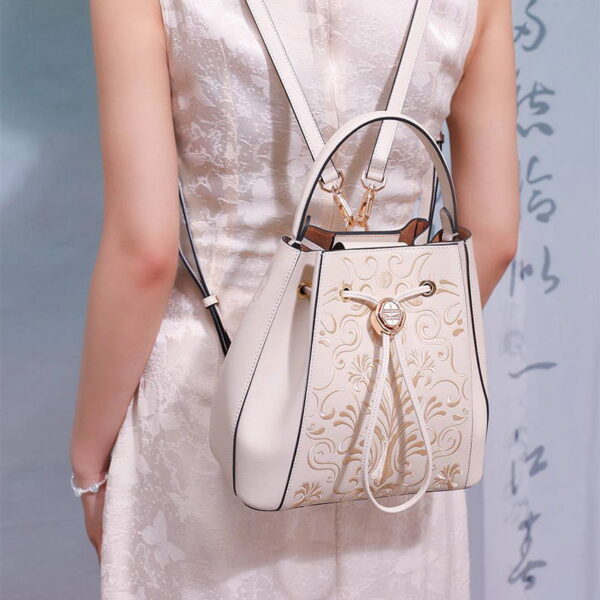 Embroidery Leather Bucket Backpack Cloisonné Phoenix Crown - Image 6