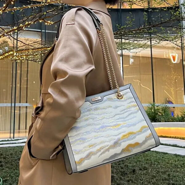 Embroidery Leather Chain Tote Bag Continuous Mountains Handbag - Image 2