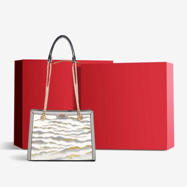 Embroidery Leather Chain Tote Bag Continuous Mountains Handbag - Image 12