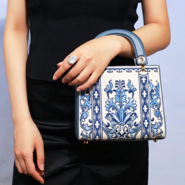 Embroidery Leather Phoenix Crown Handbag Blue and White Porcelain - Image 2