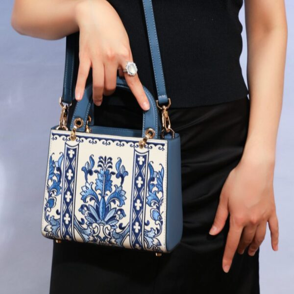 Embroidery Leather Phoenix Crown Handbag Blue and White Porcelain - Image 3