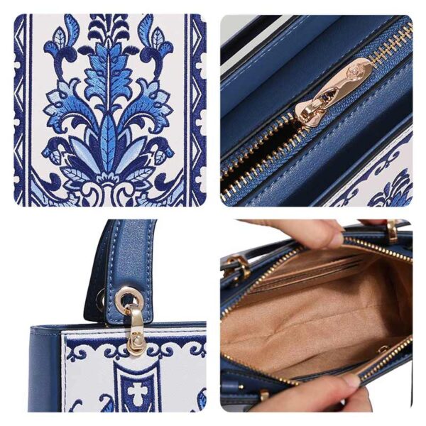 Embroidery Leather Phoenix Crown Handbag Blue and White Porcelain - Image 10