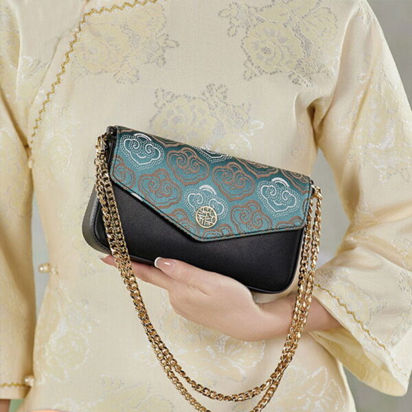Embroidery Leather Flap Clutch Bag Auspicious Clouds Handbag - Image 4