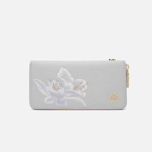Embroidery Leather Grey Wallet Camellia - Image 4