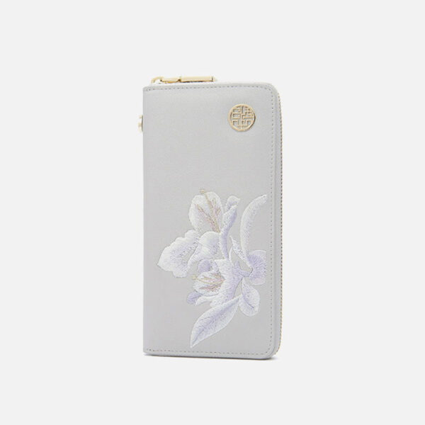 Embroidery Leather Grey Wallet Camellia - Image 5