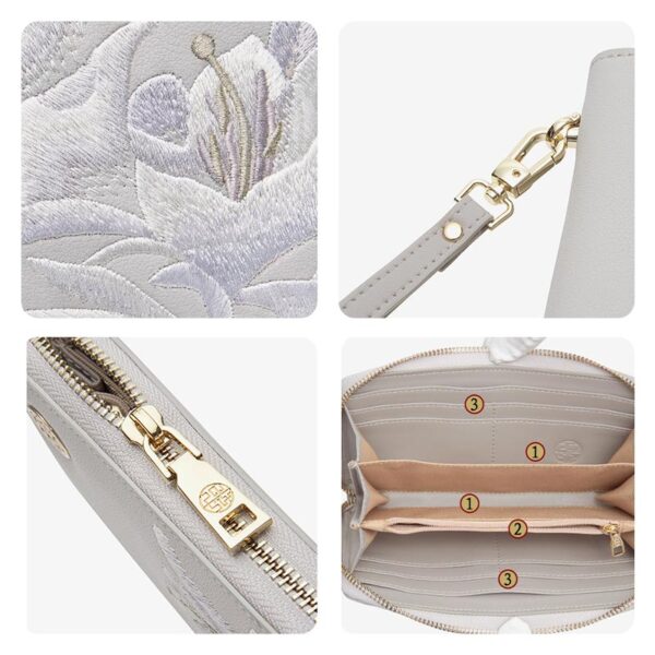 Embroidery Leather Grey Wallet Camellia - Image 6