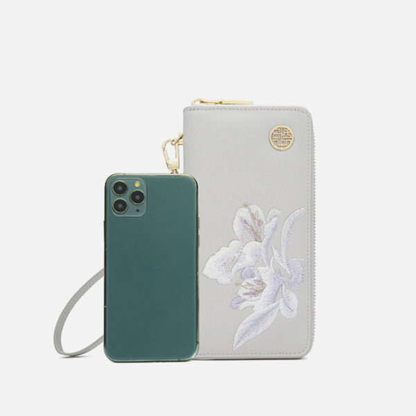 Embroidery Leather Grey Wallet Camellia - Image 7