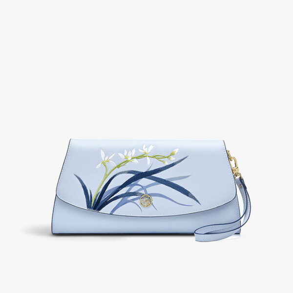 Embroidery Leather Clutch Bag Blue Orchid Elegant Handbag