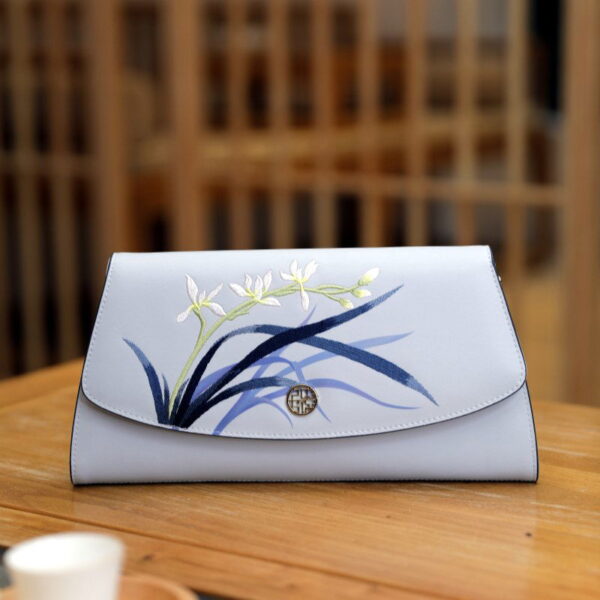 Embroidery Leather Clutch Bag Blue Orchid Elegant Handbag - Image 3