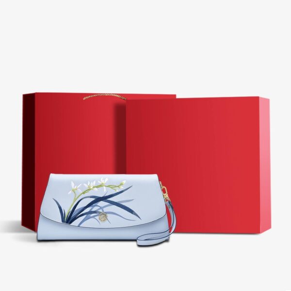 Embroidery Leather Clutch Bag Blue Orchid Elegant Handbag - Image 6
