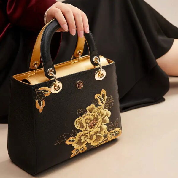 Embroidery Leather Black Lady Bag Gold Peony Luxury Handbag - Image 3