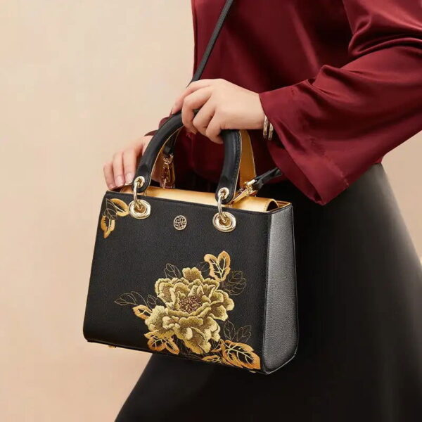 Embroidery Leather Black Lady Bag Gold Peony Luxury Handbag - Image 4