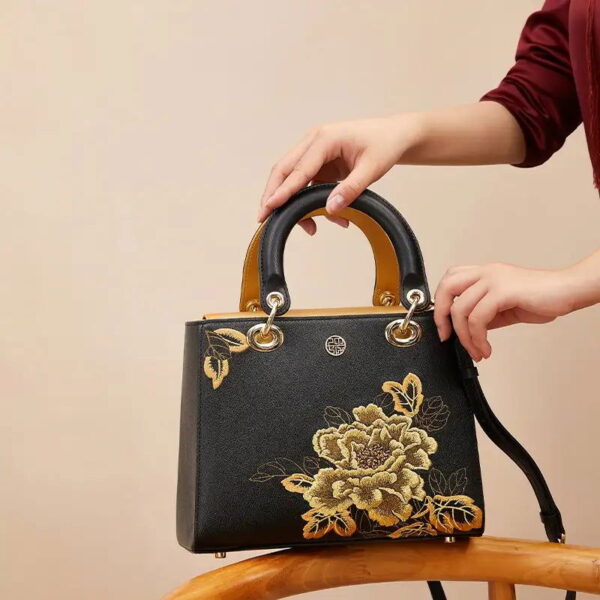 Embroidery Leather Black Lady Bag Gold Peony Luxury Handbag - Image 6