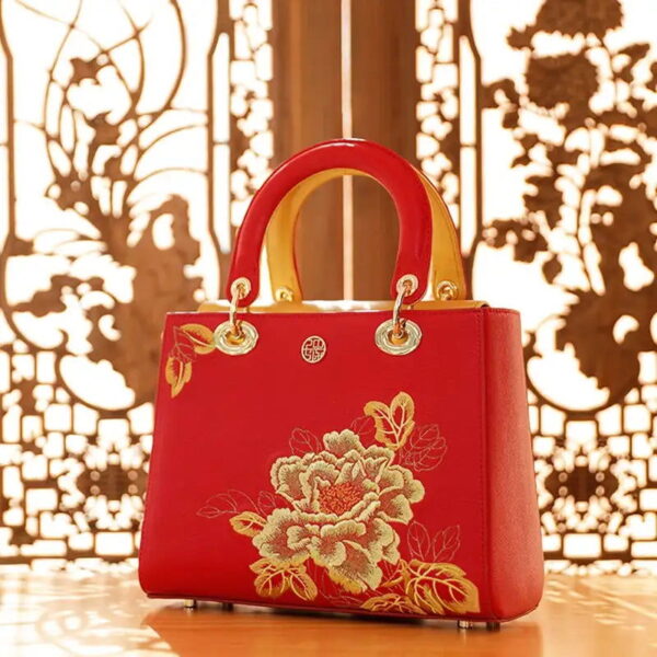 Embroidery Leather Black Lady Bag Gold Peony Luxury Handbag - Image 8