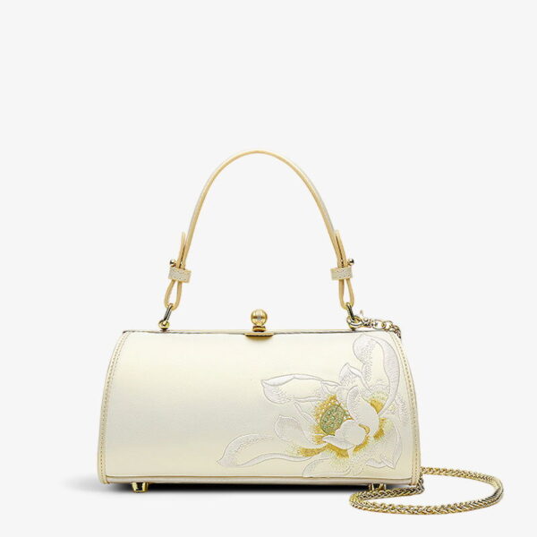 Embroidery Leather White Shoulder Bag Lotus Elegant Handbag
