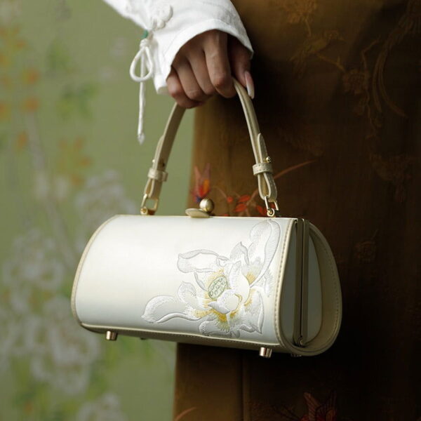 Embroidery Leather White Shoulder Bag Lotus Elegant Handbag - Image 2