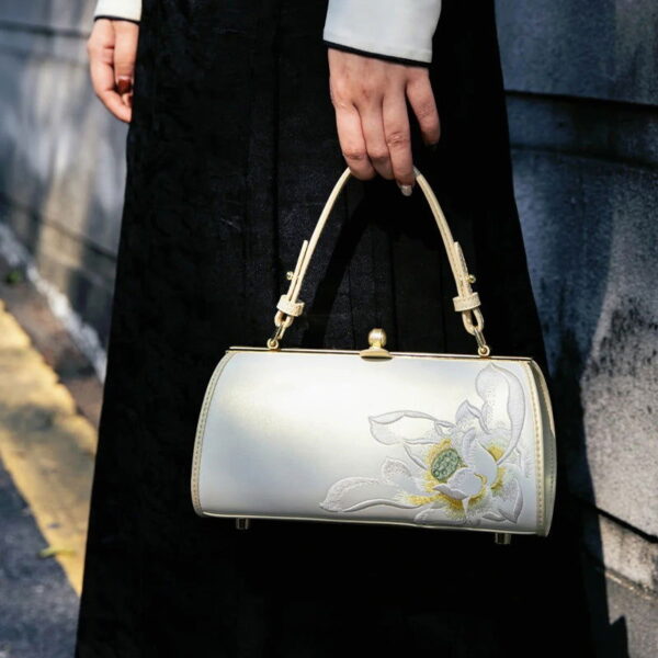 Embroidery Leather White Shoulder Bag Lotus Elegant Handbag - Image 3