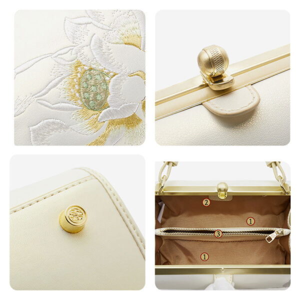 Embroidery Leather White Shoulder Bag Lotus Elegant Handbag - Image 5