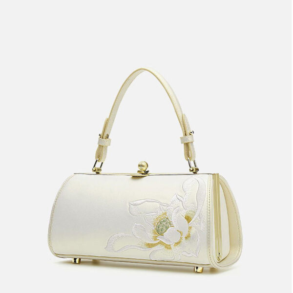 Embroidery Leather White Shoulder Bag Lotus Elegant Handbag - Image 6
