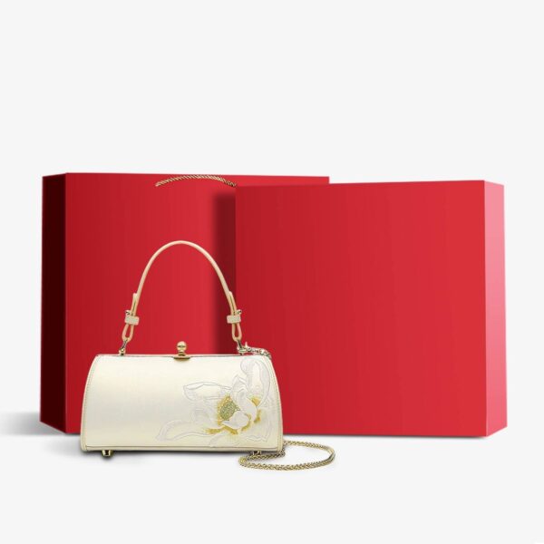 Embroidery Leather White Shoulder Bag Lotus Elegant Handbag - Image 10