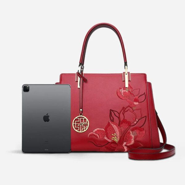 Embroidery Leather Magnolia Crossbody Tote Bag Women Handbag - Image 21