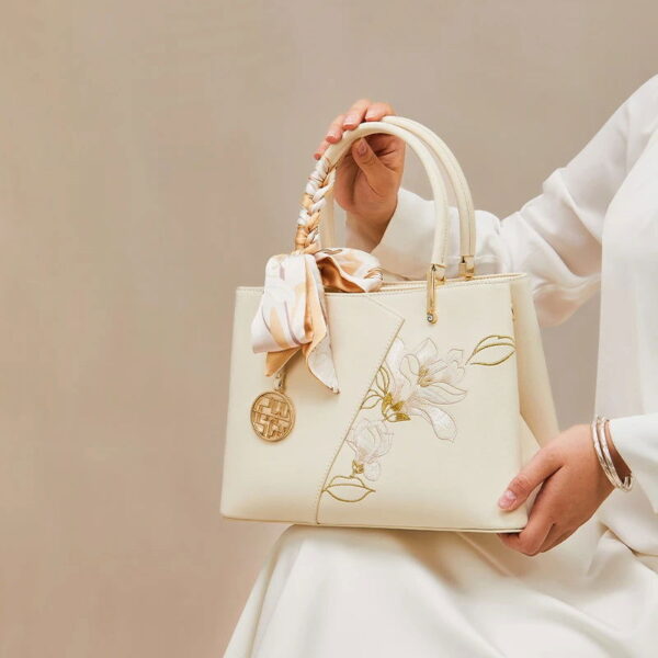 Embroidery Leather Magnolia Tote Bag Elegant Women Handbag with Scarf - Image 2