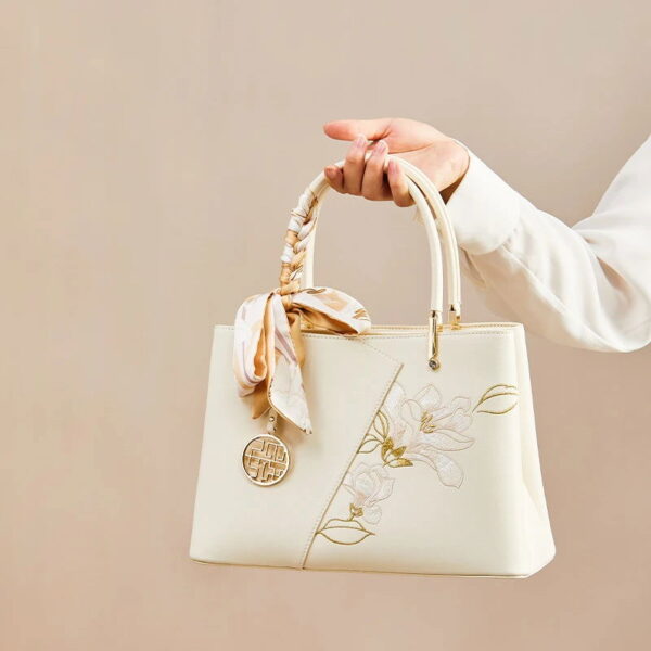 Embroidery Leather Magnolia Tote Bag Elegant Women Handbag with Scarf - Image 6