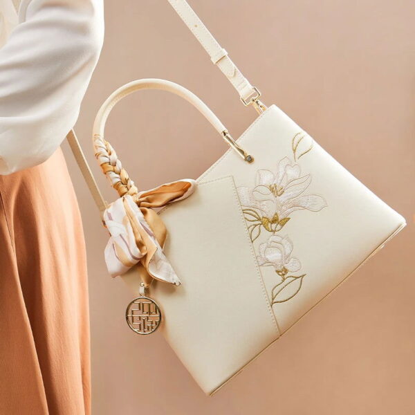 Embroidery Leather Magnolia Tote Bag Elegant Women Handbag with Scarf - Image 5