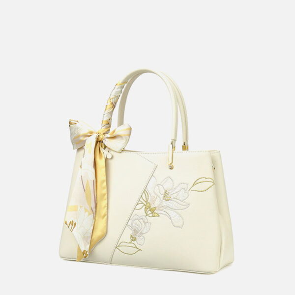 Embroidery Leather Magnolia Tote Bag Elegant Women Handbag with Scarf - Image 7