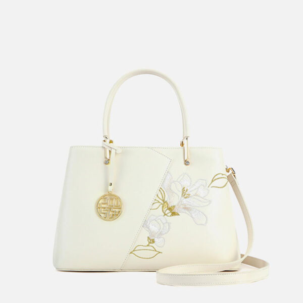 Embroidery Leather Magnolia Tote Bag Elegant Women Handbag with Scarf - Image 8