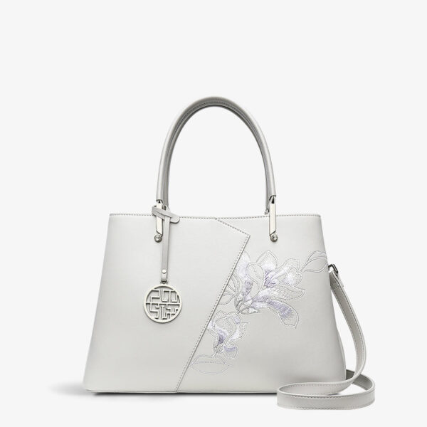 Embroidery Leather Magnolia Tote Bag Elegant Women Handbag with Scarf - Image 10