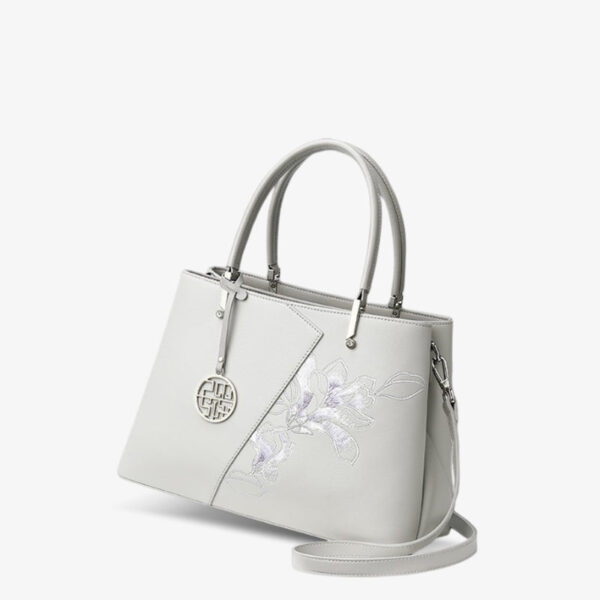 Embroidery Leather Magnolia Tote Bag Elegant Women Handbag with Scarf - Image 12