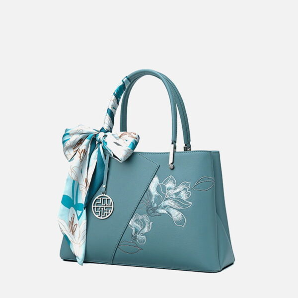 Embroidery Leather Magnolia Tote Bag Elegant Women Handbag with Scarf - Image 13
