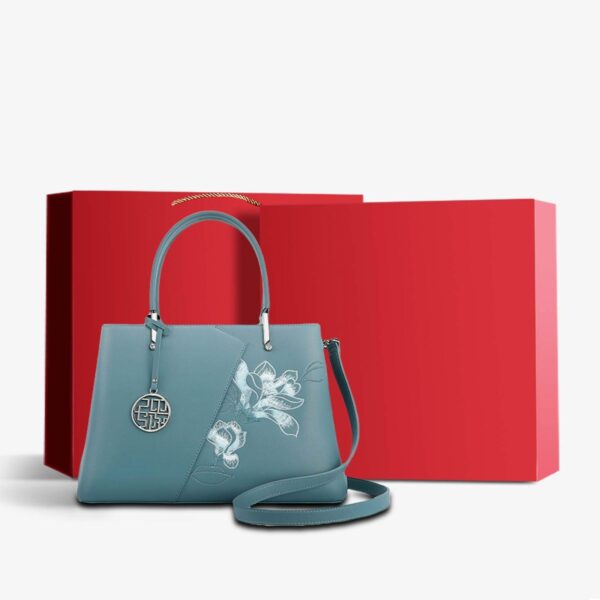 Embroidery Leather Magnolia Tote Bag Elegant Women Handbag with Scarf - Image 18