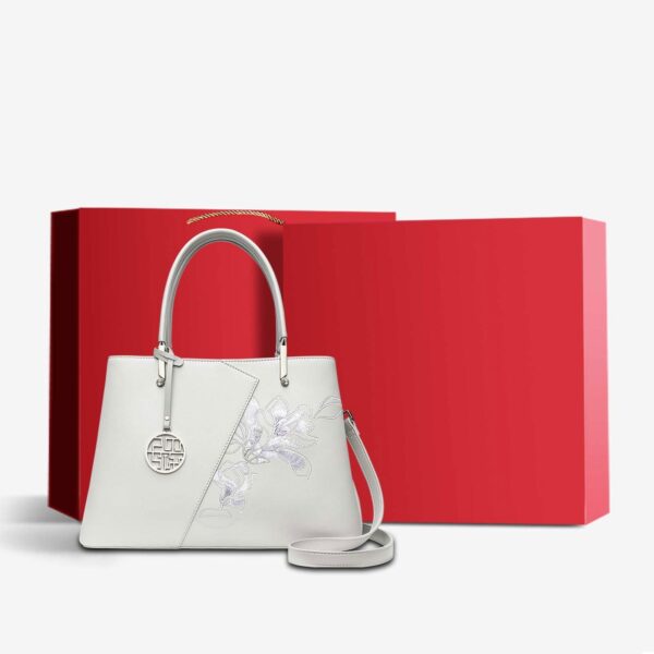 Embroidery Leather Magnolia Tote Bag Elegant Women Handbag with Scarf - Image 19