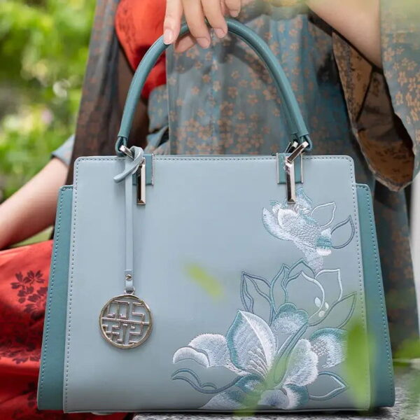 Embroidery Leather Magnolia Crossbody Tote Bag Women Handbag - Image 3
