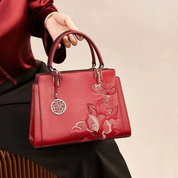 Embroidery Leather Magnolia Crossbody Tote Bag Women Handbag - Image 7