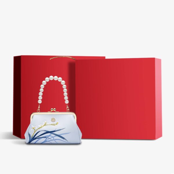 Embroidery Leather Blue Chain Kiss Lock Clutch Handbag Orchid - Image 10
