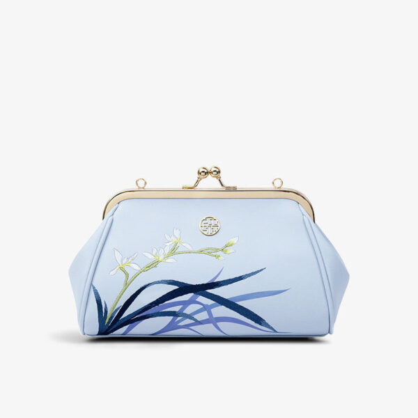 Embroidery Leather Blue Chain Kiss Lock Clutch Handbag Orchid - Image 7