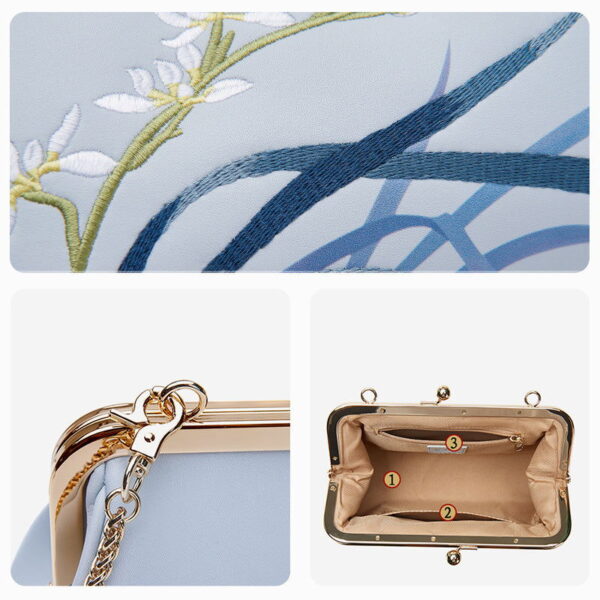 Embroidery Leather Blue Chain Kiss Lock Clutch Handbag Orchid - Image 8