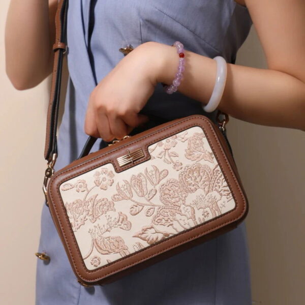 Embroidery Leather Peony Square Shoulder Bag Designer Handbag - Image 4