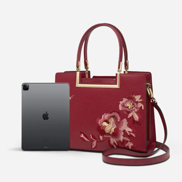Embroidery Leather Peony Tote Bag Chinese Style Luxury Handbag - Image 7