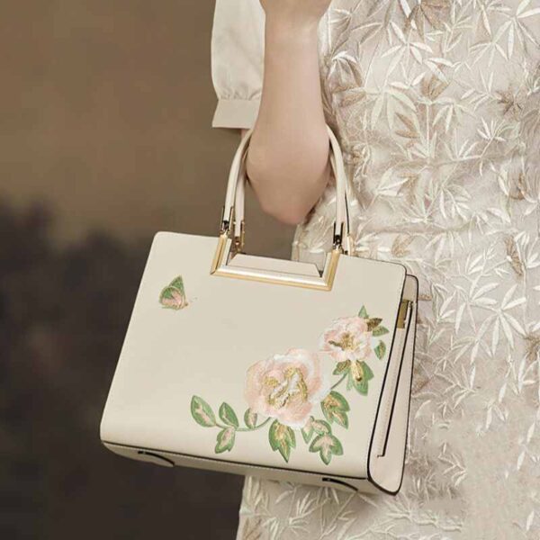 Embroidery Leather Peony Tote Bag Chinese Style Luxury Handbag - Image 3