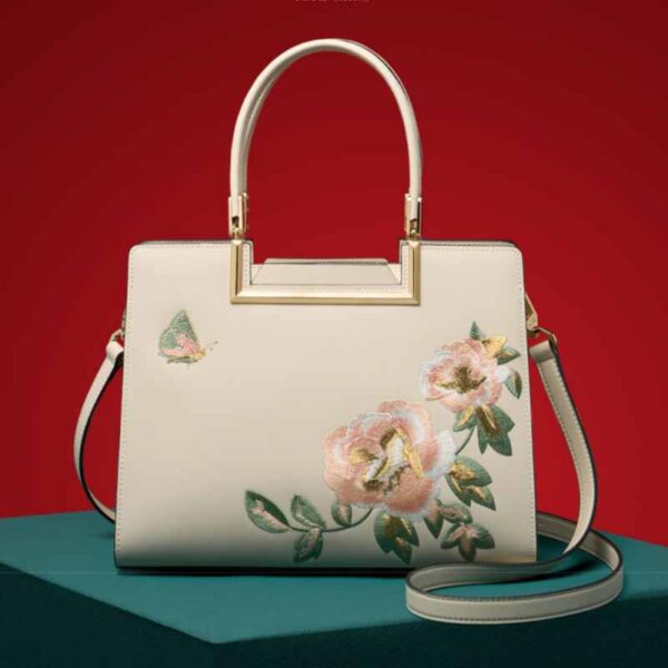 Embroidery Leather Peony Tote Bag Chinese Style Luxury Handbag - Image 4