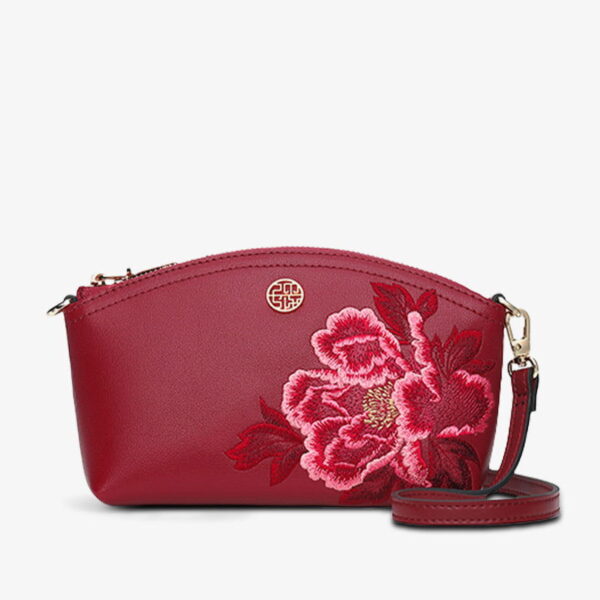 Embroidery Leather Red Peony Women Handbag Wallet