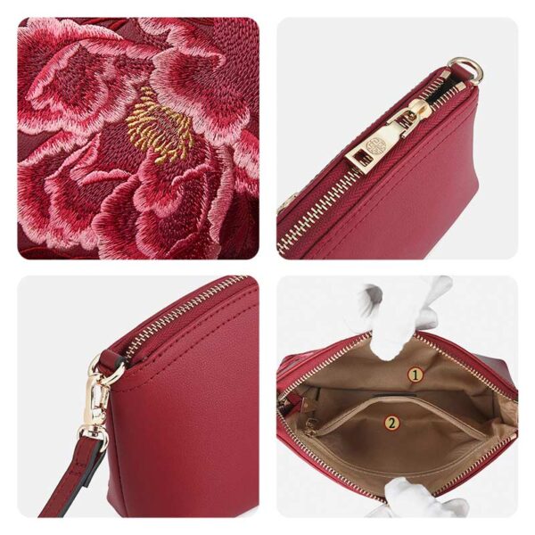 Embroidery Leather Red Peony Women Handbag Wallet - Image 8