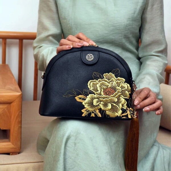 Embroidery Leather Shoulder Bag High Luxury Royal Gold Peony - Image 3