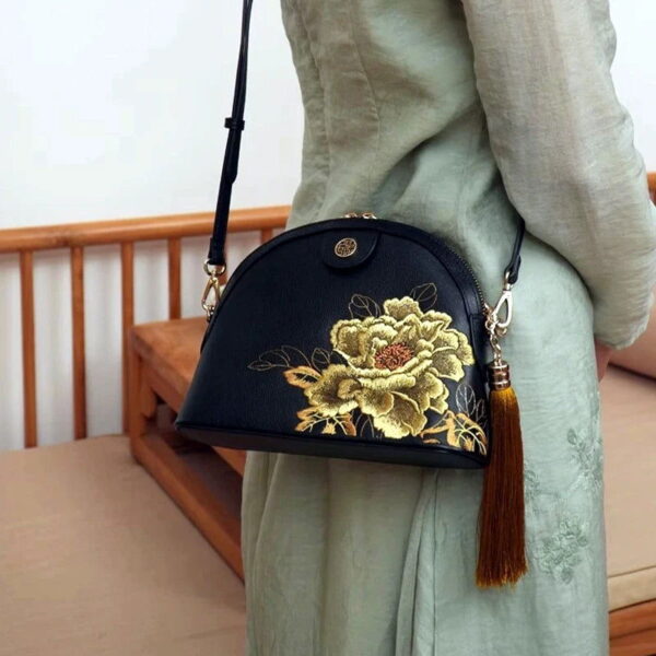 Embroidery Leather Shoulder Bag High Luxury Royal Gold Peony - Image 4