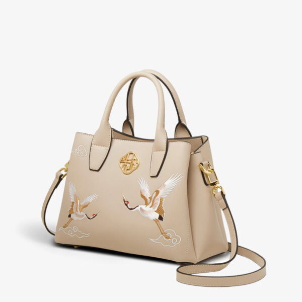 Embroidery Leather Tote Bag Traditional Crane
