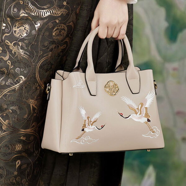 Embroidery Leather Tote Bag Traditional Crane - Image 3